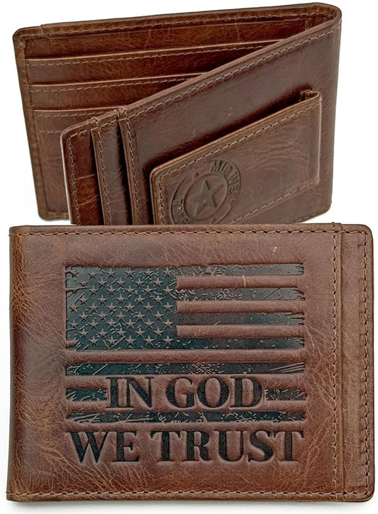 MID WEST RANGE Bifold Money Clip Wallet for Men – Slim Front Pocket Leather Wallet with Metal Clip, Patriotic USA Flag Design, IN GOD WE TRUST, Compact Everyday Carry