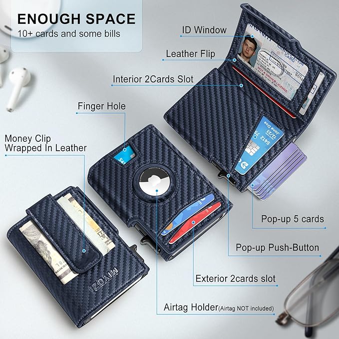 miyozi Airtag Wallet for Men,with Money Clip 10 Cards Metal Case Smart Slim Pop Up Credit Card Holder Flip with Magnetic Closure RFID Blocking wallet with Gift Box