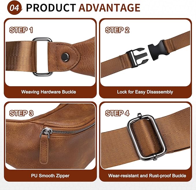 Faux Leather Belt Bag for Men, Crossbody Sling Bag with Adjustable Strap, Back Zipper Pocket, Large Capacity Waist Pack for Travel, Work, Textured Brown
