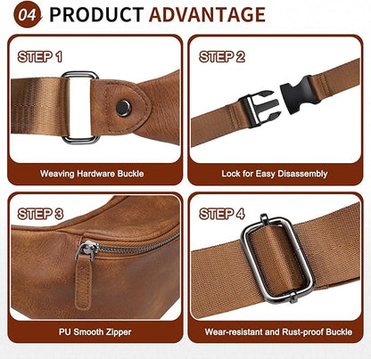 Faux Leather Belt Bag for Men, Crossbody Sling Bag with Adjustable Strap, Back Zipper Pocket, Large Capacity Waist Pack for Travel, Work, Textured Brown
