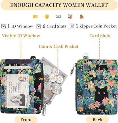 Hancynir Slim Wallet Women Credit Card Holder Flower Black Cat Green RFID Small Mini Card Case Front Pocket PU Leather Thin Travel Zipper Coin Cash ID Window Girls Wallet Gifts