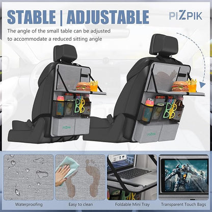 Plzpik Car Backseat Organizer with Tablet Holder,11 Storage Pockets with Foldable Food Tray, Protector Kick Mats for Kids, Travel Accessories Organizer (Gray, 1Pack with Food Tray)