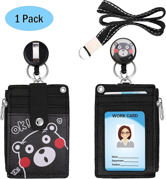 【2025 Latest】Cute ID Badge Holder Retractable Lanyard Reel Clip with Heavy Duty Carabiner, 5 Card Slots in 2 Sided with Key Ring and Zipper for Women Students Teens Girls Office Staff (Black OK Bear)
