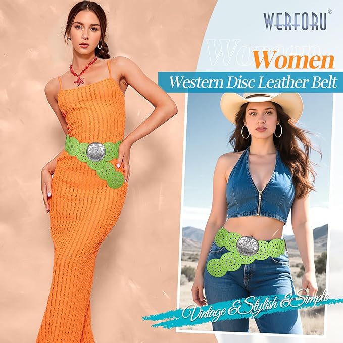 WERFORU Women Vintage Leather Belt Western Disc Waist Belts Ladies Western Belt Boho Belt for Dress Jean-
