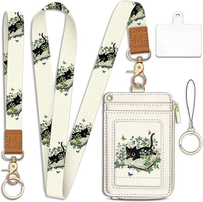 Piefly Black Cat Book Lanyard Wallet with ID Badge Holder, Small RFID Wallet Women Keychain Wristlet, Slim Credit Card Holder with Zipper Pocket Phone Lanyard Wrist Strap Name Tag Office Teacher Gift
