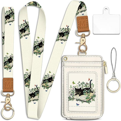 Piefly Black Cat Book Lanyard Wallet with ID Badge Holder, Small RFID Wallet Women Keychain Wristlet, Slim Credit Card Holder with Zipper Pocket Phone Lanyard Wrist Strap Name Tag Office Teacher Gift