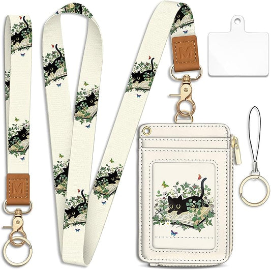 Piefly Black Cat Book Lanyard Wallet with ID Badge Holder, Small RFID Wallet Women Keychain Wristlet, Slim Credit Card Holder with Zipper Pocket Phone Lanyard Wrist Strap Name Tag Office Teacher Gift