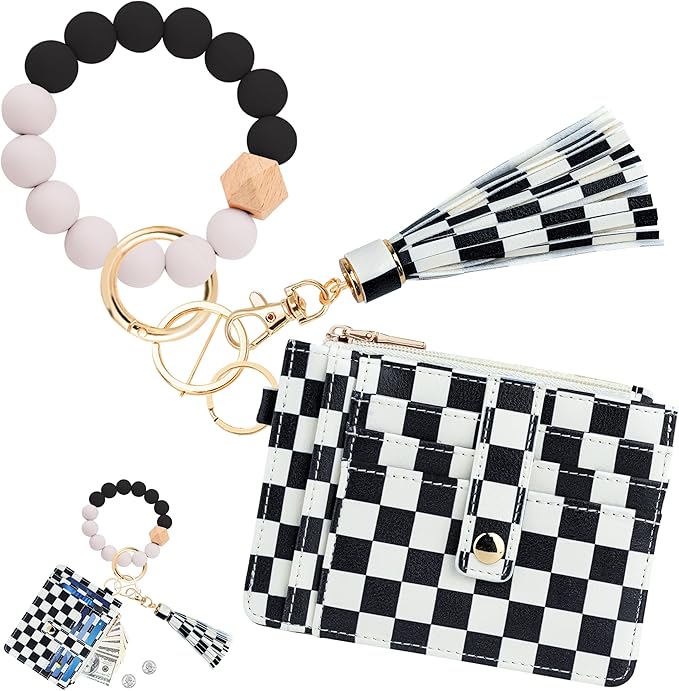 KNGITRYI Wallet Keychain Wristlet for Women,Slim RFID Credit Card Holder Purse Tassel Keychain Bangle Key Ring for Men Women