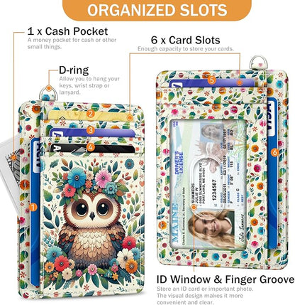 Yonlevres Credit Card Holder Slim Wallet, Floral Owl RFID Wallet Women Front Pocket Small Card Holder, Funny Cute Travel Thin Card Case ID Window PU Leather RFID Blocking Card Organizer Gift Girls