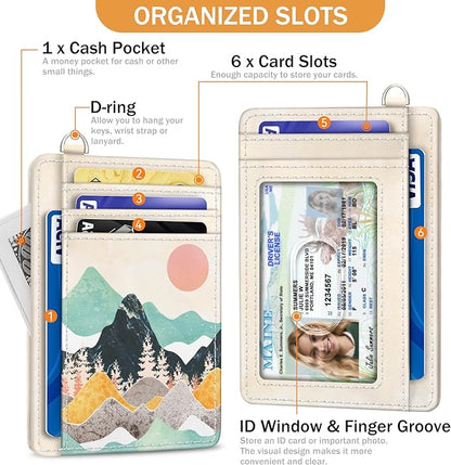 Yonlevres Sunrise Mountain Credit Card Holder Slim Wallet, RFID Wallet Women Front Pocket Wristlet Lanyard, Small Card Holder Travel Funny Cute Thin Card Case ID Window PU Leather Card Organizer Gifts