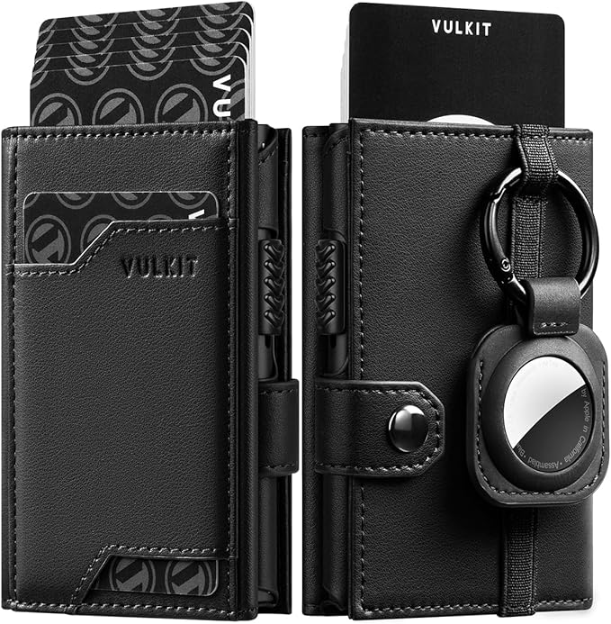 VULKIT Airtag Wallet with Keyring Mens Pop up Credit Card Wallet Compatiable with Air Tag Holder Trifold ID Window RFID Blocking