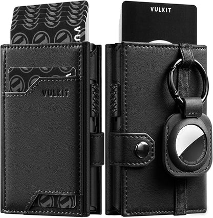 VULKIT Airtag Wallet with Keyring Mens Pop up Credit Card Wallet Compatiable with Air Tag Holder Trifold ID Window RFID Blocking