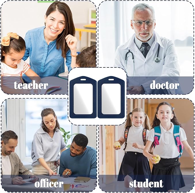 Mabor 2Pcs Leather Badge Holder - Vertical Double-Sided Clear ID Card Sleeve for Office/School/Employee (Navy Blue)