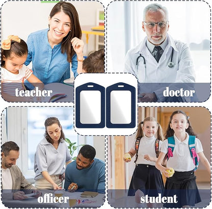 Mabor 2Pcs Leather Badge Holder - Vertical Double-Sided Clear ID Card Sleeve for Office/School/Employee (Navy Blue)