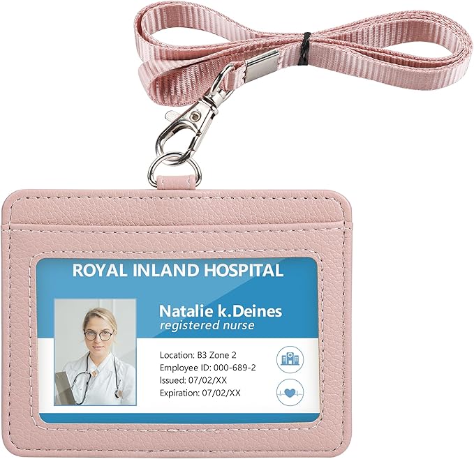 Teskyer Badge Holder with Lanyard, Leather ID Name Badge Card Holder with Lanyard for ID Badges, Horizontal, Lychee Pattern Dark Pink