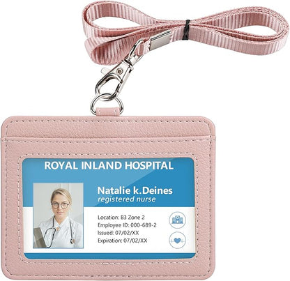 Teskyer Badge Holder with Lanyard, Leather ID Name Badge Card Holder with Lanyard for ID Badges, Horizontal, Lychee Pattern Dark Pink