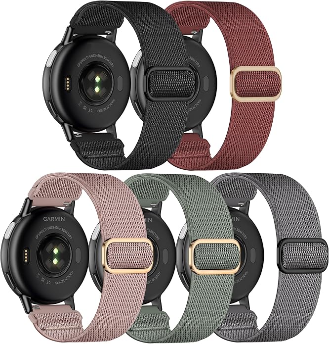 5 Pack Stretchy Nylon Watch Bands Compatible with Garmin Vivoactive 5/6/Forerunner 55/165,20mm Soft Elastic Fabric Adjustable Replacement Sport Straps for Garmin Venu Sq 2 Women Men