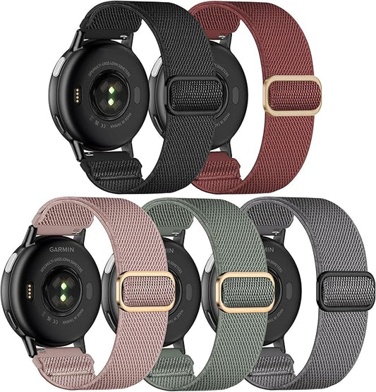 5 Pack Stretchy Nylon Watch Bands Compatible with Garmin Vivoactive 5/6/Forerunner 55/165,20mm Soft Elastic Fabric Adjustable Replacement Sport Straps for Garmin Venu Sq 2 Women Men