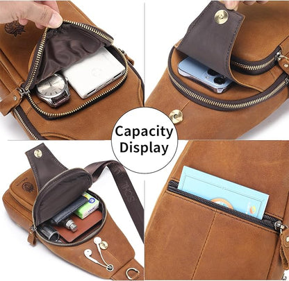 Mens Sling Bag Genuine Leather Crossbody Bags for Men Small Sling Chest Backpack Casual Man Bag Hiking Outdoor, Brown