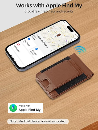 TopMade for MagSafe Wallet Stand with Money Clip, Works with Apple Find My, Magnetic Wallet for iPhone 17/16/15/14/13/12 Series, for iPhone Wallet with Finder Tracker, Brown(Black Elastic Band)