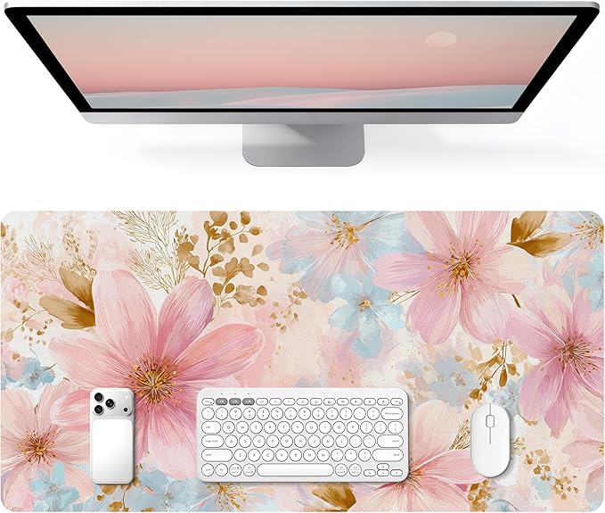 Desk Mat Desk Pad for Keyboard and Mouse, 31.5 x 15.7 in, Pastel Pink Blue Floral Watercolor PU Leather Computer Protector, Non-Slip Base, Waterproof, Easy Clean for Office Gaming, Mouse Pad