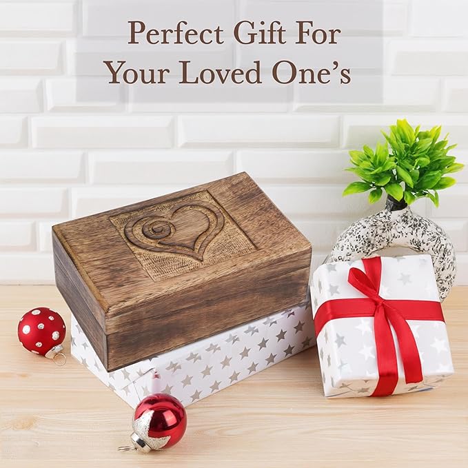 Ajuny Wooden Decorative Jewelry Box with Heart Design Carving - Multipurpose Treasure Chest Storage Keepsake Box Necklaces Watch Organizer Boxes Birthday Gifts for Women & Men 8x5 Inch