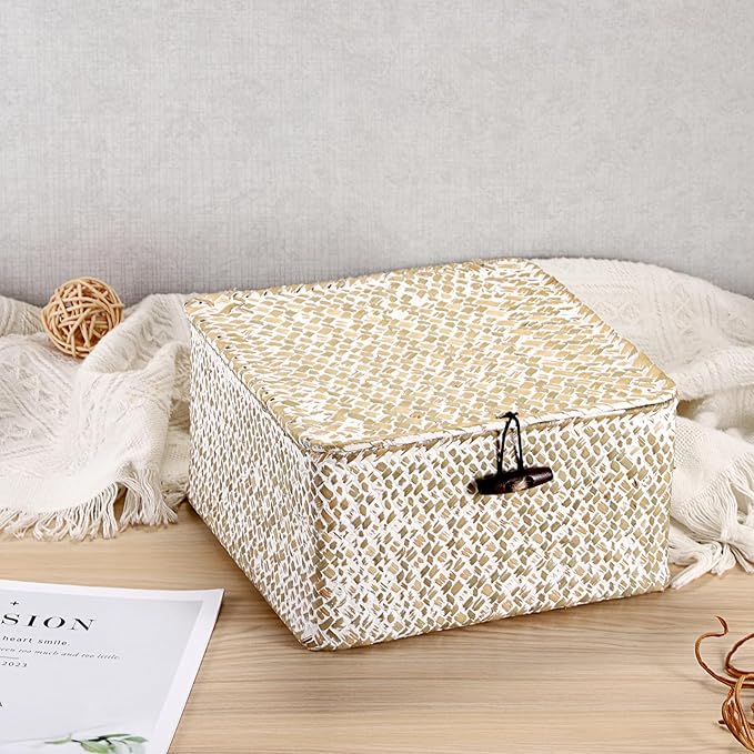 Hipiwe Handwoven Seagrass Basket with Lid Square Wicker Basket Bin Closet Storage Box Multipurpose Household Organize Container for Home Decor, Small,Whitewash
