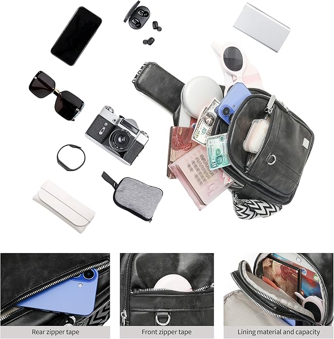 Sling Bag Set, PU Leather Sling Bag, Multi-Zipper Design for Travel, Outdoors, Valentine’s Day Gifts