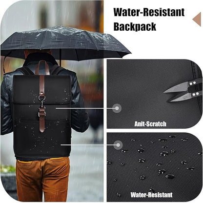 Slim Vintage Laptop Backpack for Men & Women, 15.6 Inch Business Work Backpack with USB Charging Port, Anti-Theft Flap Computer Bag for Commuter Travel – Black