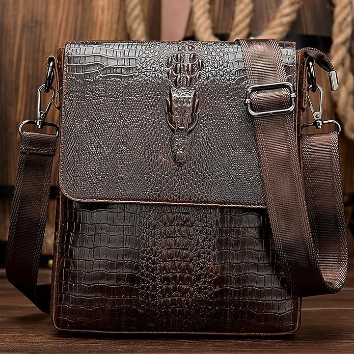 NIUCUNZH Leather Flap Messenger Bag for Men Small Crossbody Shoulder Bag,Novelty Crocodile Embossed
