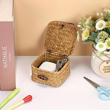 Hipiwe Handwoven Wicker Basket with Lid Desk Organizer for Remote Control Key Glass Coffee Color Seagrass Box for Decoration, Caramel Color 3.5" x 3.5" x 2"