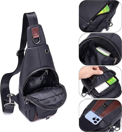 LUKZIJAES Genuine Leather Sling Bag for Men Contrast Color Vintage Crossbody Bag Men Chest Pack Mens Cross Shoulder Bags Hiking Daypacks Travel Backpack (#2-Black)