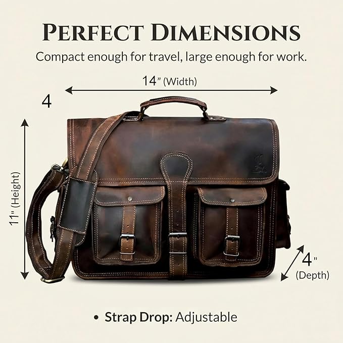 cuero Leather Messenger Bag for Men, 14 Inch Laptop Bag, Crossbody Bag Men, Vintage Handmade Leather Satchel Bag Full Grain Business Briefcase Shoulder Bag for Office/Work/Travel - Brown