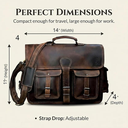 cuero Leather Messenger Bag for Men, 14 Inch Laptop Bag, Crossbody Bag Men, Vintage Handmade Leather Satchel Bag Full Grain Business Briefcase Shoulder Bag for Office/Work/Travel - Brown