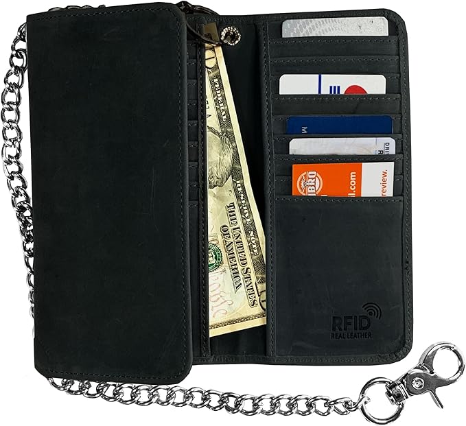 IBRO VINTAGE Motorcycle Chain Wallet for Men – Premium Cowhide Leather, RFID Tri-Fold Biker Wallet with Heavy Duty Chain for Bikers Truckers & Hunters, Credit Card Money Organizer Long Wallet | Long Trifold, RFID Blocking, Men's, Trucker Biker