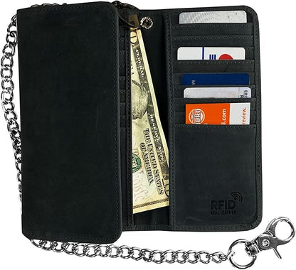 IBRO VINTAGE Motorcycle Chain Wallet for Men – Premium Cowhide Leather, RFID Tri-Fold Biker Wallet with Heavy Duty Chain for Bikers Truckers & Hunters, Credit Card Money Organizer Long Wallet | Long Trifold, RFID Blocking, Men's, Trucker Biker