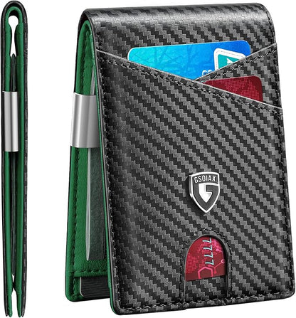 GSOIAX Slim Leather RFID Bifold Wallet for Men with Money Clip and 12 Credit Card Holders, Carbon Green