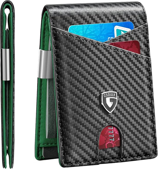 GSOIAX Slim Leather RFID Bifold Wallet for Men with Money Clip and 12 Credit Card Holders, Carbon Green