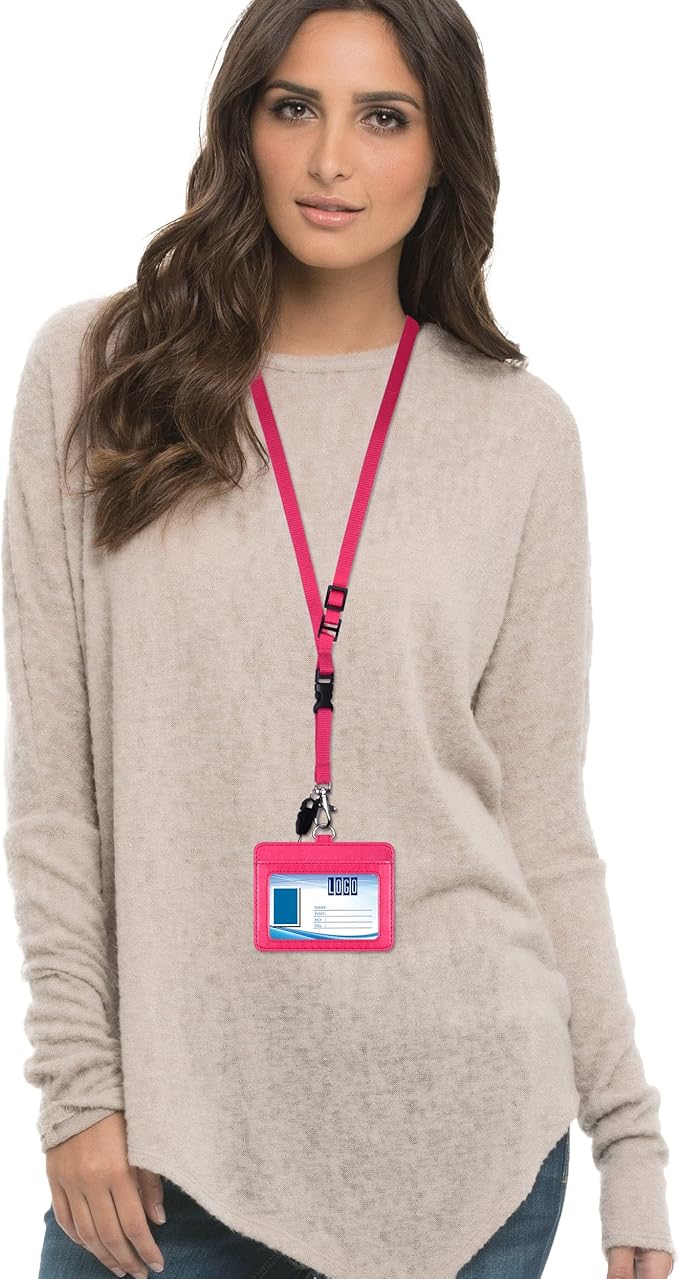 Wisdompro 2-Sided PU Leather ID Badge Holder with 1 ID Window and 1 Card Slot and 1 piece 23 Inch Adjustable Polyester Detachable Neck Lanyard Strap (Holds 3 to 4 Cards) - Hot Pink (Horizontal)