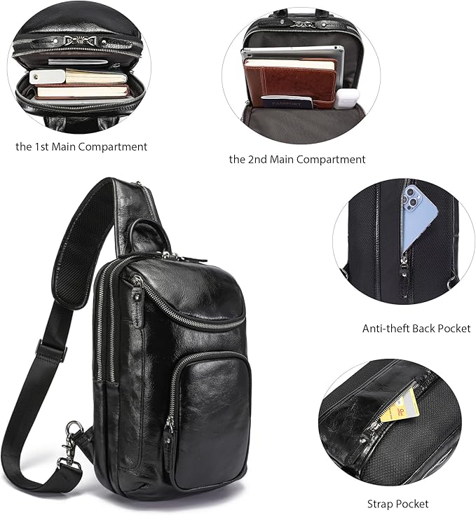 LANNSYNE Vintage Full Grain Leather Sling Bag Crossbody Chest Daypack | Vintage, Full Grain, Leather, Chest