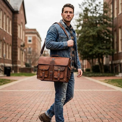 cuero Leather Messenger Bag for Men, 18 Inch Laptop Crossbody, Handmade Leather Shoulder Satchel Bag for Men, Full Grain Business Briefcase for Office/Work/Travel - Vintage Brown