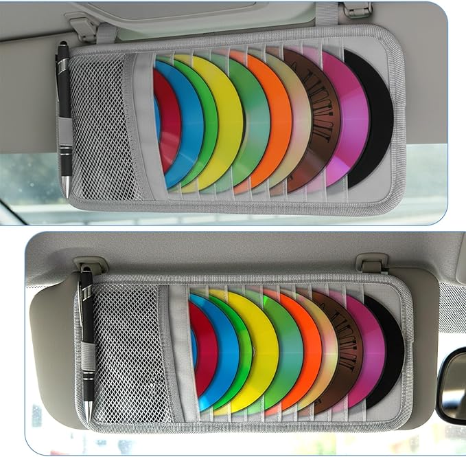 1 Pcs Car CD Holder, Car Sun Visor Storage DVD Disc Holders Pocket Case Organizer with 12 DVD Storage Sleeves, one Mesh Pocket, one Pen Holder, and Elastic Strap (Gray)