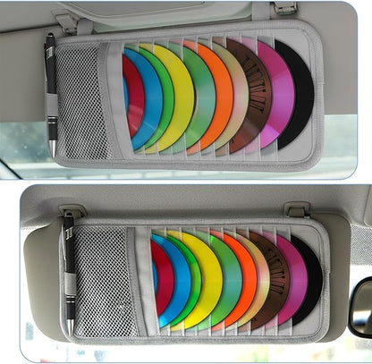 1 Pcs Car CD Holder, Car Sun Visor Storage DVD Disc Holders Pocket Case Organizer with 12 DVD Storage Sleeves, one Mesh Pocket, one Pen Holder, and Elastic Strap (Gray)