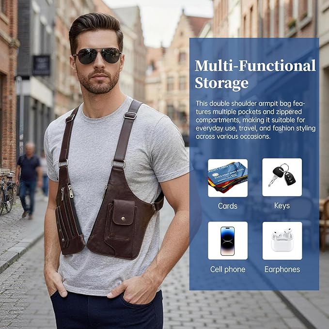 Double Shoulder Armpit Bag for Men, Anti-Theft Underarm Shoulder Holster Bag with Adjustable Strap, Hidden Phone Wallet Pocket for Travel & Daily Commute (Dark Brown)