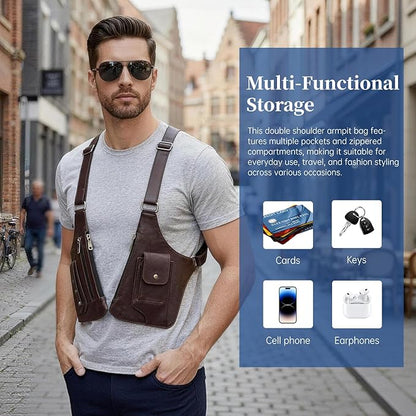 Double Shoulder Armpit Bag for Men, Anti-Theft Underarm Shoulder Holster Bag with Adjustable Strap, Hidden Phone Wallet Pocket for Travel & Daily Commute (Dark Brown)