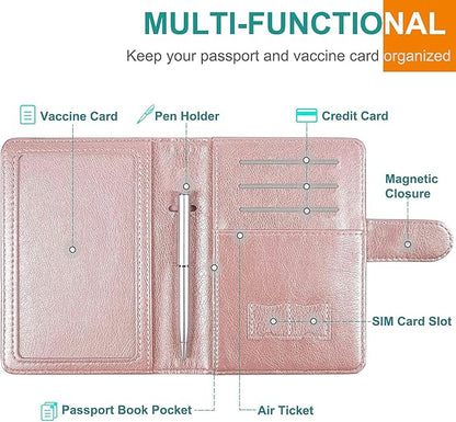 RSAquar Passport and Vaccine Card Holder Combo, Passport Holder Cover Wallet, Leather Card Case Travel Accessories with RFID Blocking for Women and Men, Rose Gold