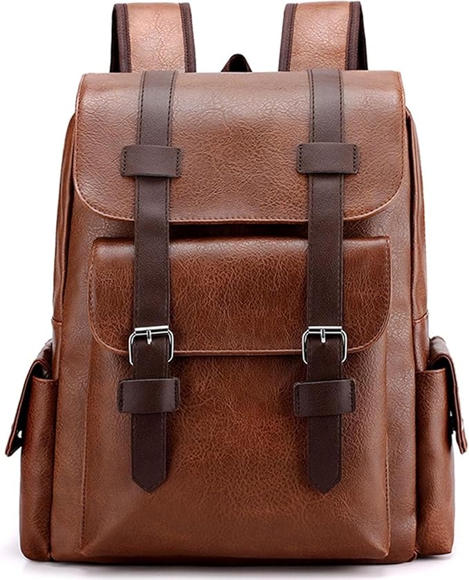 Business Men and Women PU Leather Backpack 15.6inch Laptop Waterproof Backpack Travel Commuter Lightweight schoolbag (Khaki backpack10,Medium)