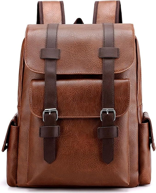 Business Men and Women PU Leather Backpack 15.6inch Laptop Waterproof Backpack Travel Commuter Lightweight schoolbag (Khaki backpack10,Medium)