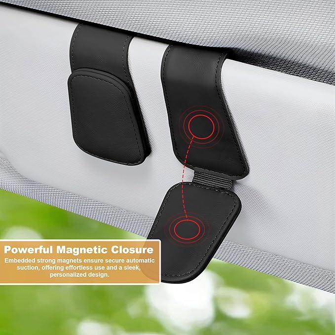 Sunglass Holder for Car, Magnetic Leather Car Sunglass Holder, Visor Sunglasses Holder Clip, Sunglasses Clip for Car Visor, Sunglass Holder for Ticket Card and Different Size Eyeglasses(1 Pack, Black)