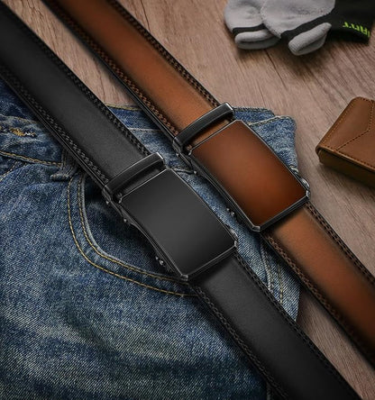 KEMISANT Men Belt 2 Pack, Leather Ratchet Belt Easy Click Slide For Men 1 3/8",Cut for Fit